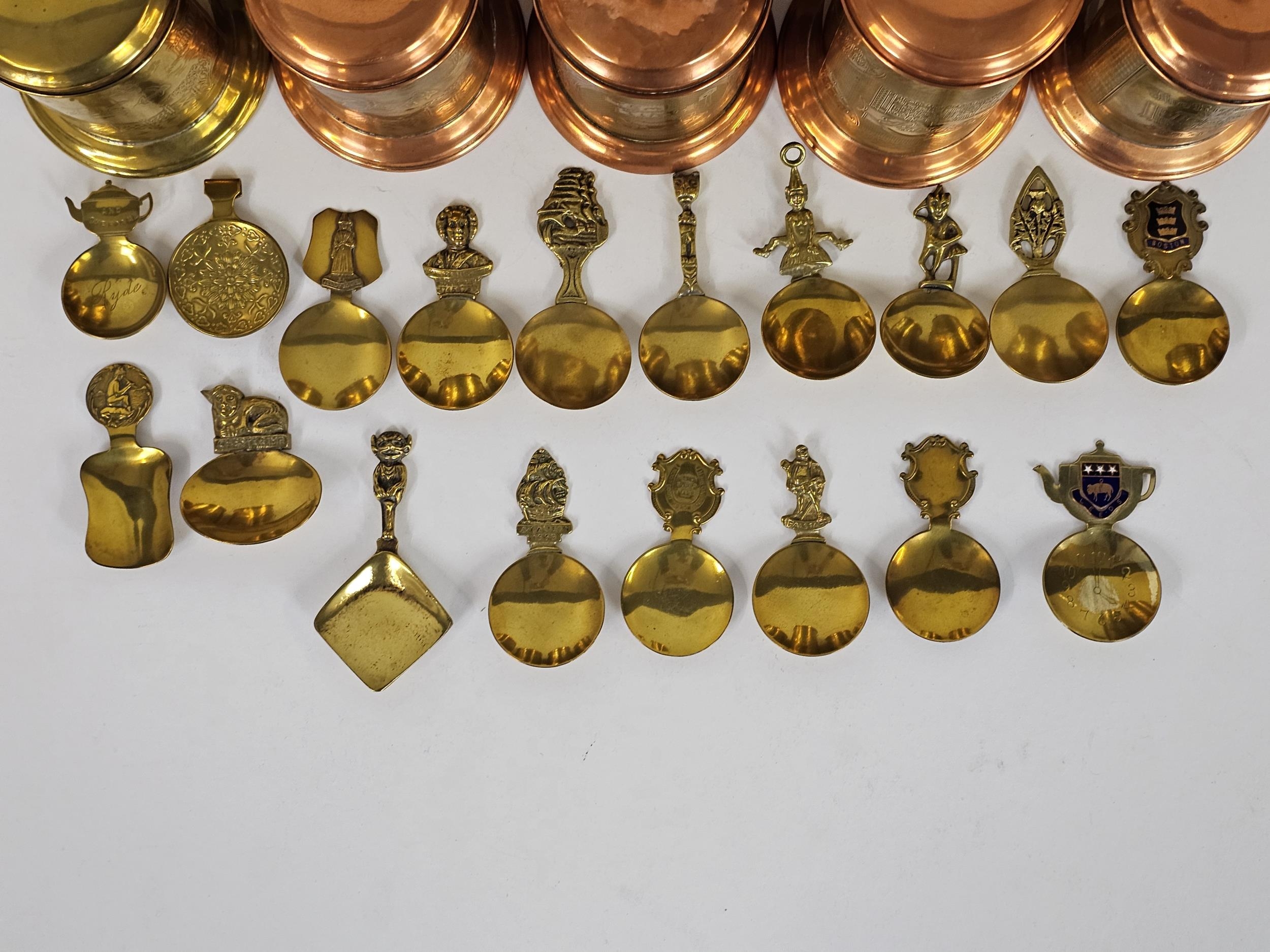 A quantity of commemorative brass and copper tea caddys and caddy spoons - Image 4 of 11