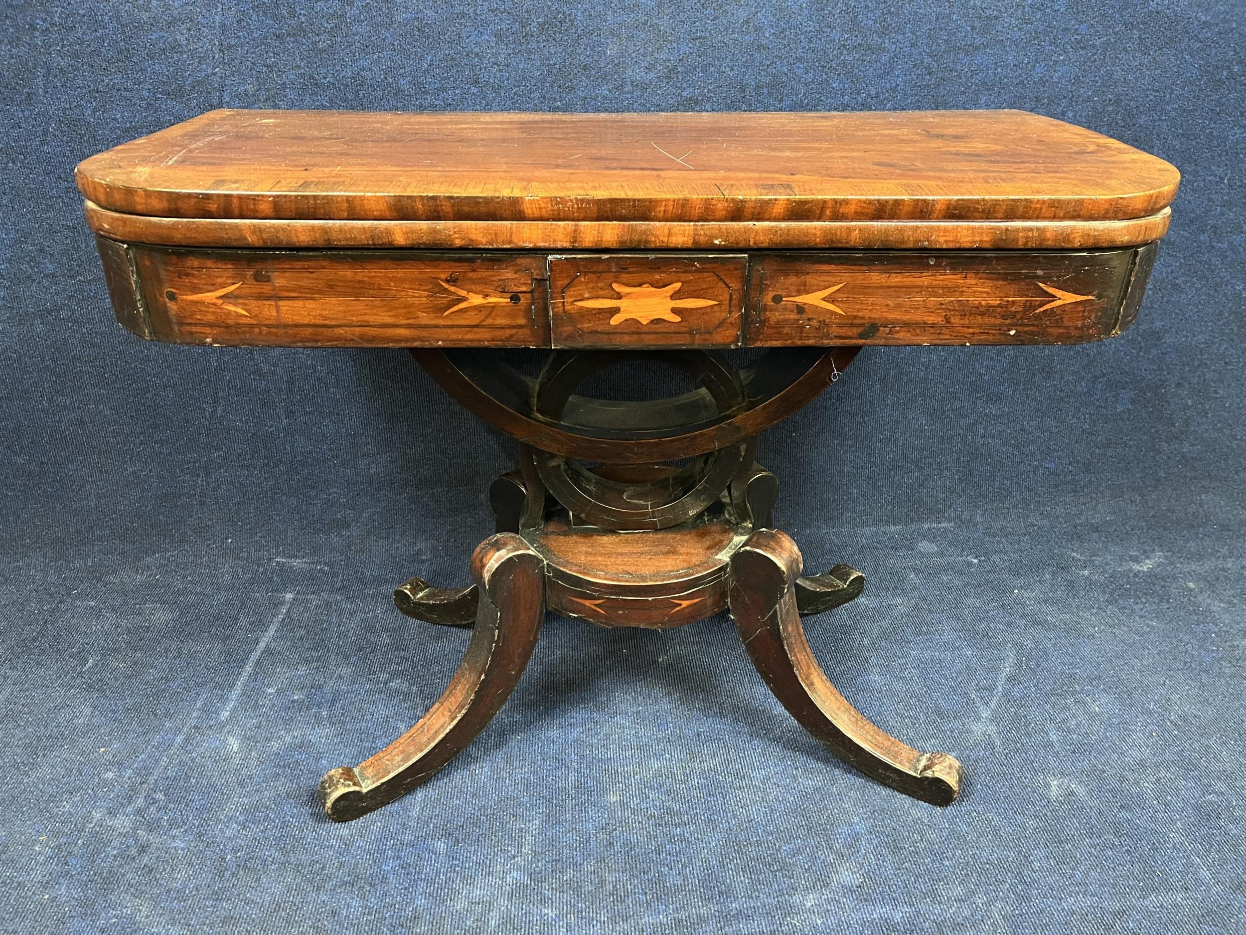A Regency mahogany and rosewood crossbanded card table. H.66 W.45 open top W.91