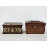 A 19th century mahogany tea caddy, and an Arts and Crafts box with brass and copper repousse