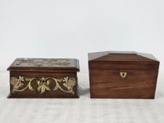 A 19th century mahogany tea caddy, and an Arts and Crafts box with brass and copper repousse