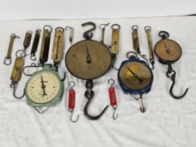 A collection of Salter hanging spring balance scales