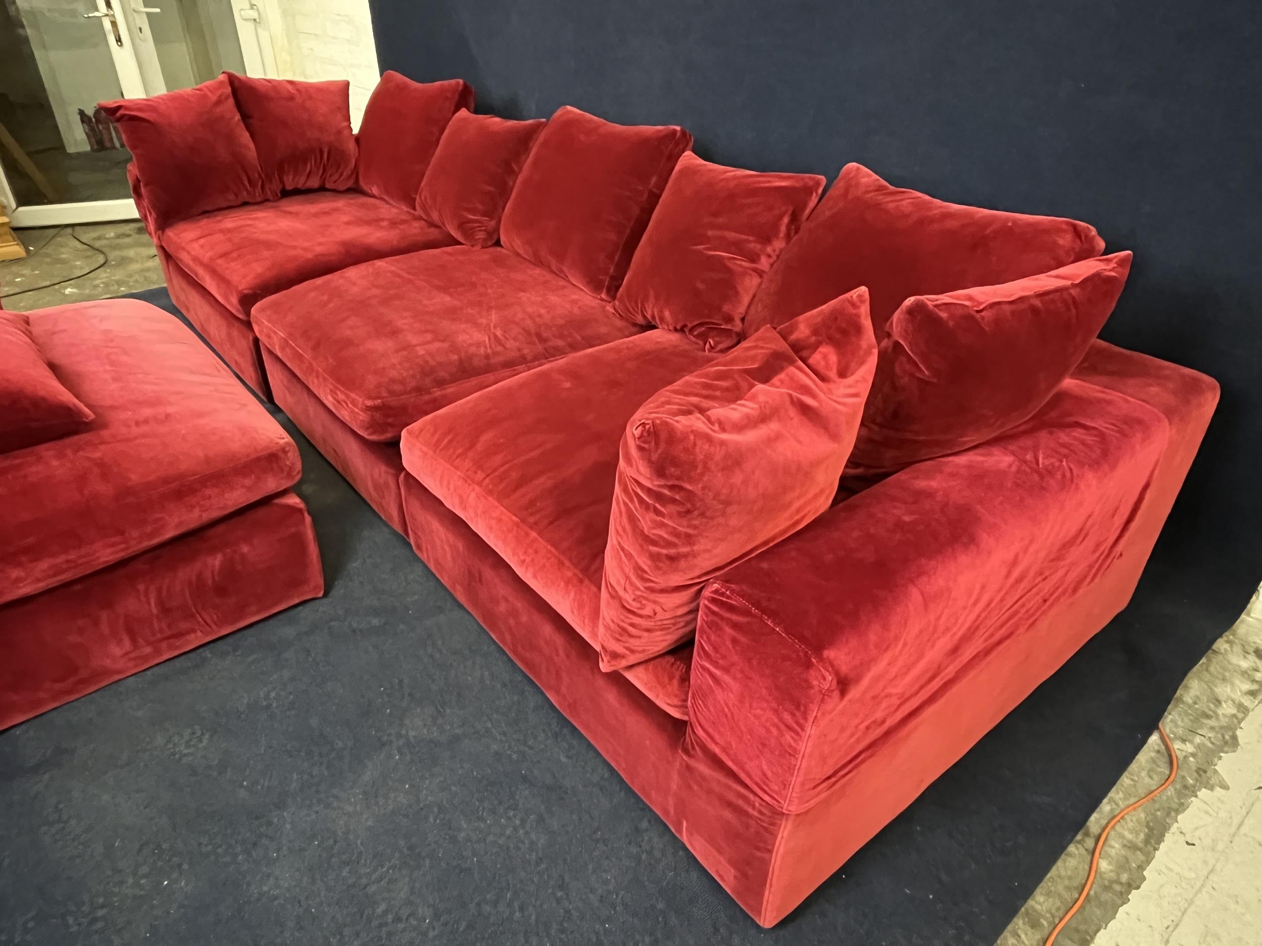 A large modern sofa in red upholstery, with a matching stool. H.60 W.330 in three parts D.120.cm - Image 4 of 5