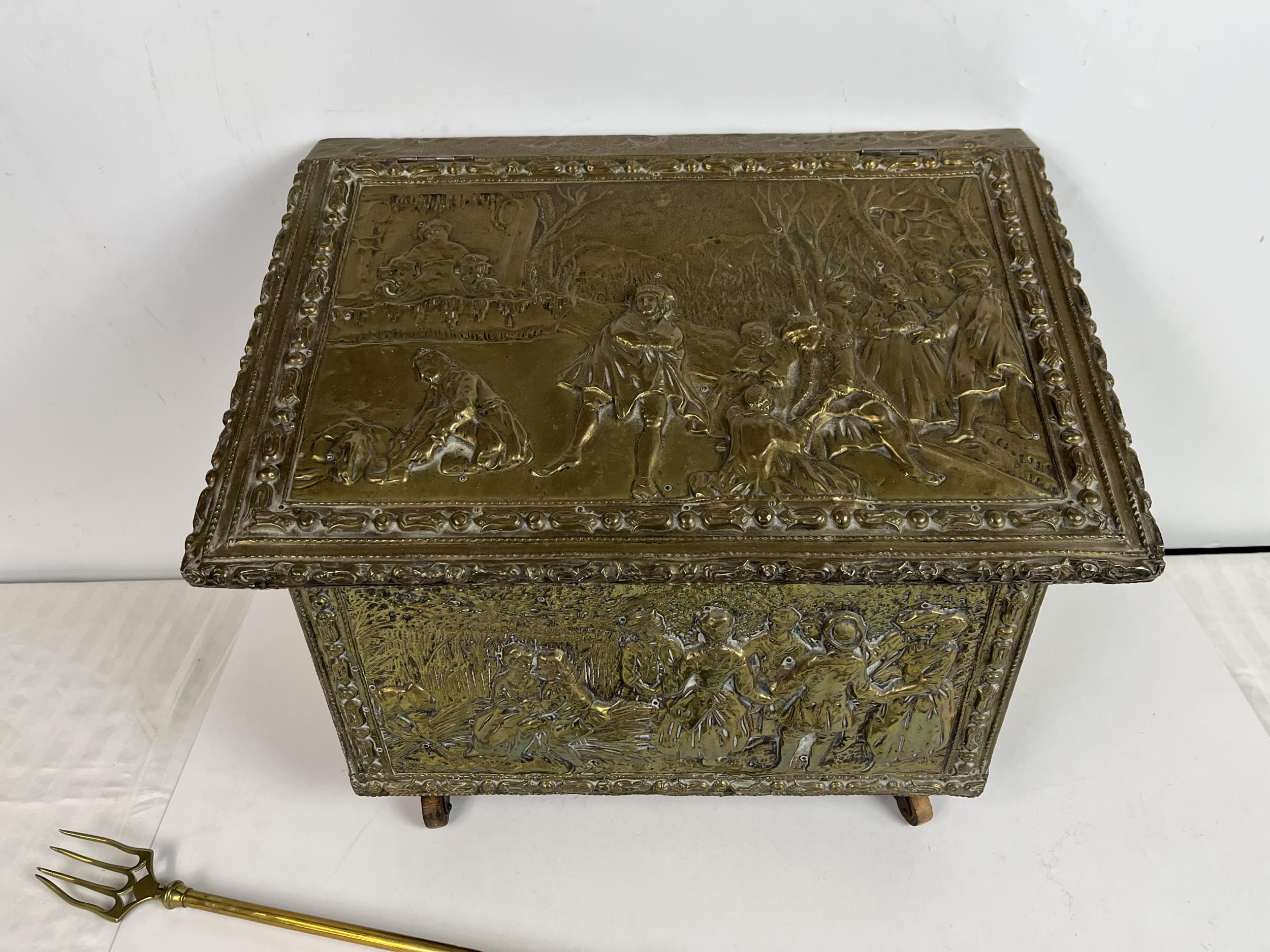 A brass coal box, with fork and bellows - Image 2 of 7