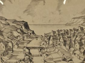 A framed and glazed pencil sketch depicting the harbour at Staithes, signed by R.L.Smith. H.53 W.