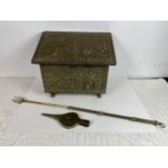 A brass coal box, with fork and bellows