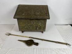 A brass coal box, with fork and bellows