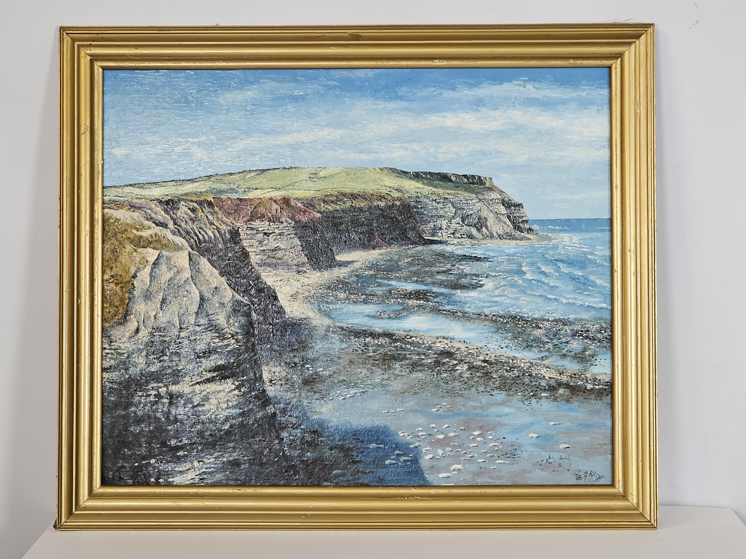 A modern oil on board, of cliffs, signed G Riley, within a giltwood frame. H.60 W.72cm. - Image 2 of 6