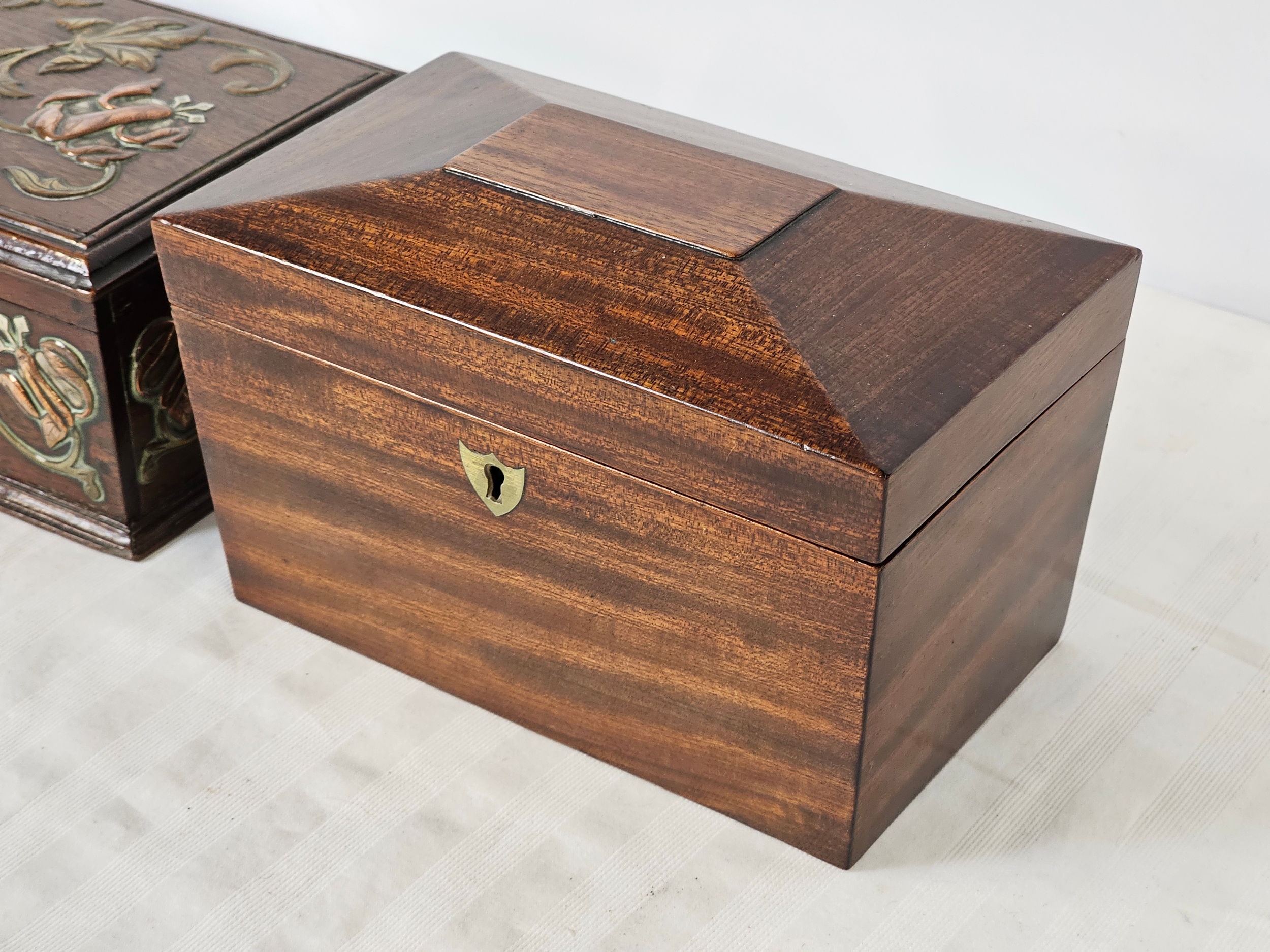 A 19th century mahogany tea caddy, and an Arts and Crafts box with brass and copper repousse - Image 3 of 6