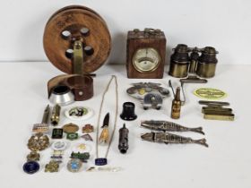Interesting collection of enamel badges and collectables including WW1 military whistle with arrow