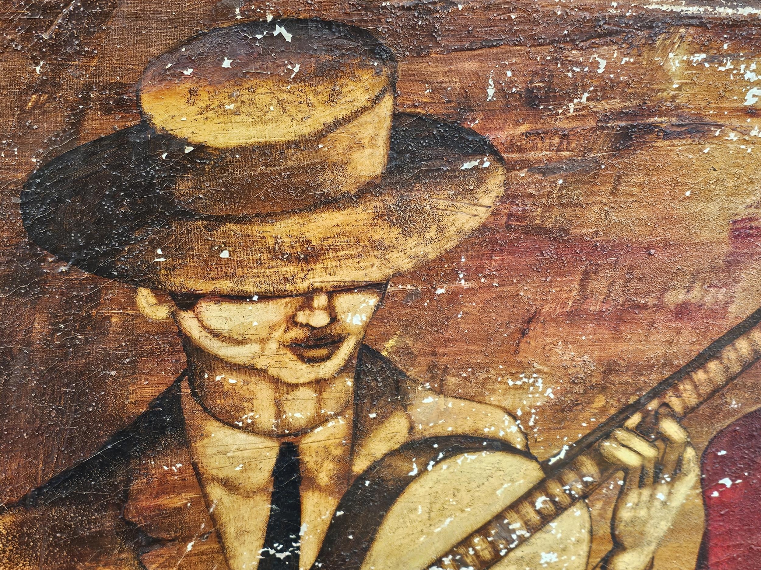 A 20th century oil on canvas, a Seville cafe scene with guitar player and attentive figure. H.92 W. - Image 4 of 6