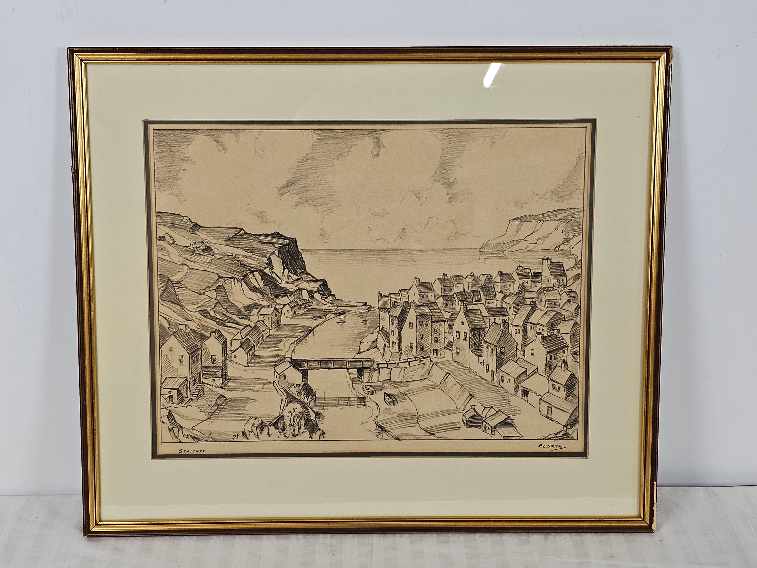A framed and glazed pencil sketch depicting the harbour at Staithes, signed by R.L.Smith. H.53 W. - Image 2 of 5