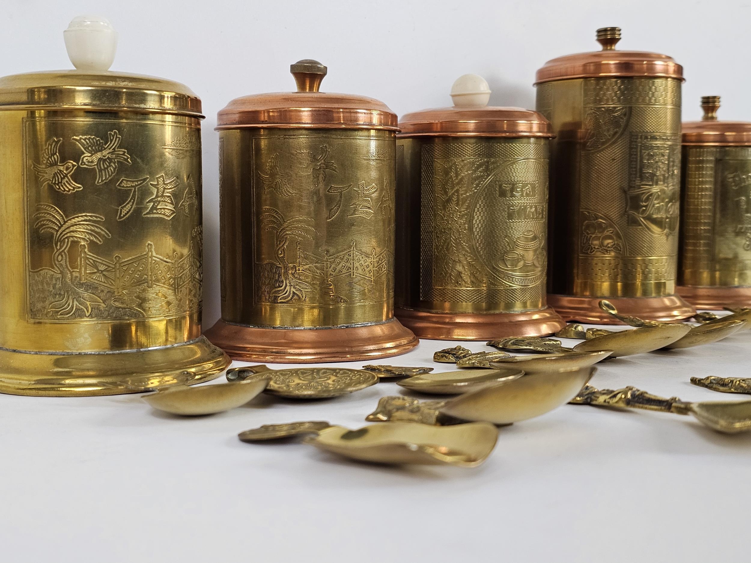 A quantity of commemorative brass and copper tea caddys and caddy spoons - Image 2 of 11