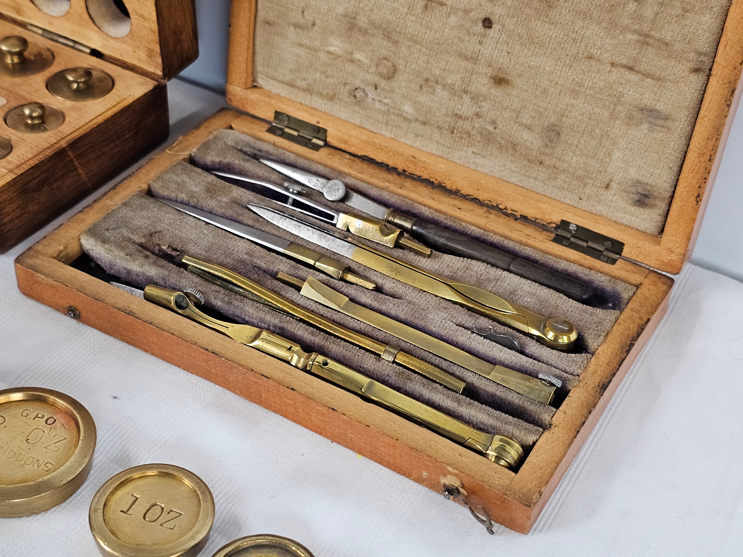 A large group of vintage brass weights, draughtman's geometry set, scales and rules - Image 5 of 6