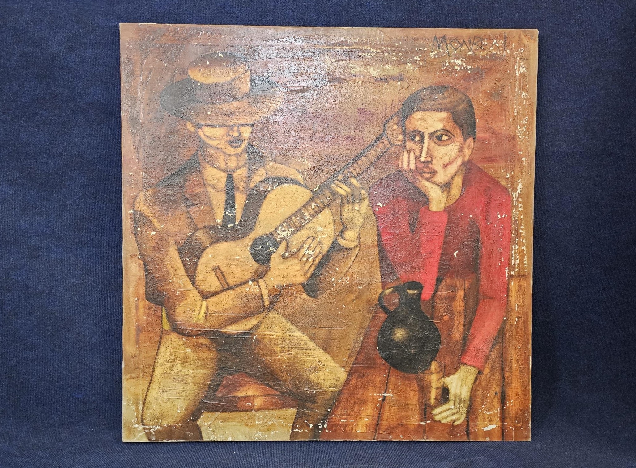 A 20th century oil on canvas, a Seville cafe scene with guitar player and attentive figure. H.92 W. - Image 2 of 6