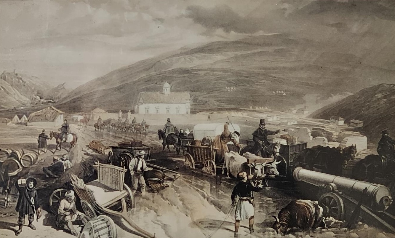 A framed and glazed print entitled 'Commissariat Difficulties', after William Simpson, a scene