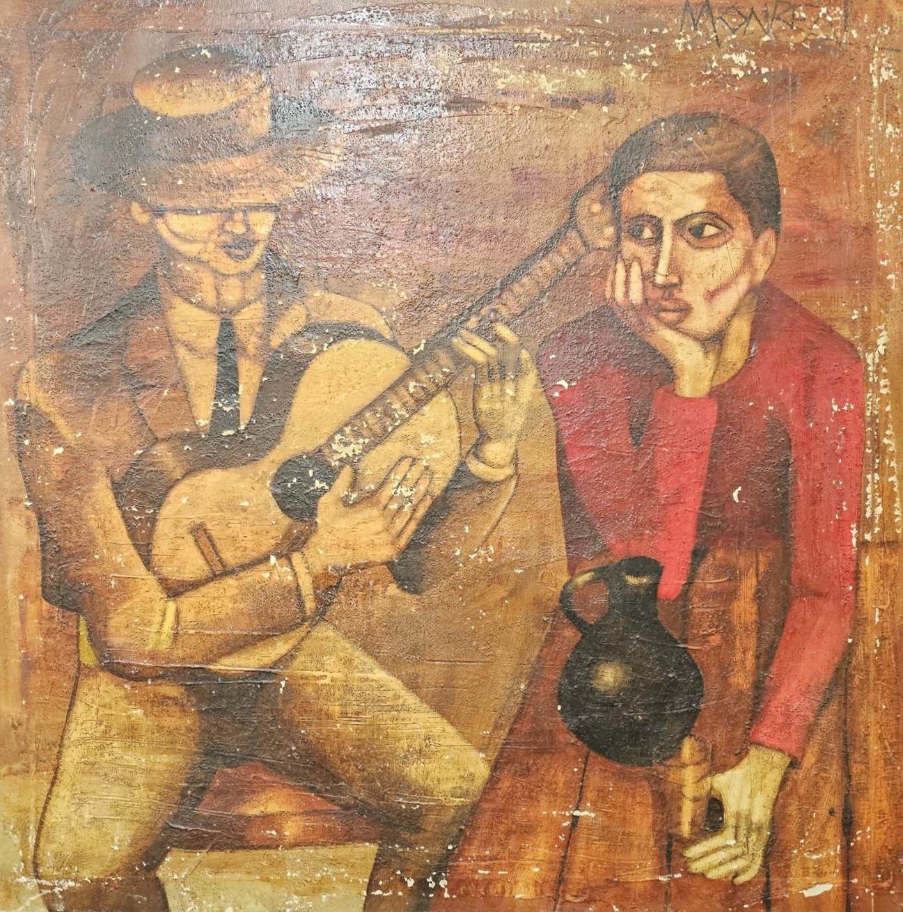 A 20th century oil on canvas, a Seville cafe scene with guitar player and attentive figure. H.92 W.