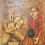 A 20th century oil on canvas, a Seville cafe scene with guitar player and attentive figure. H.92 W.