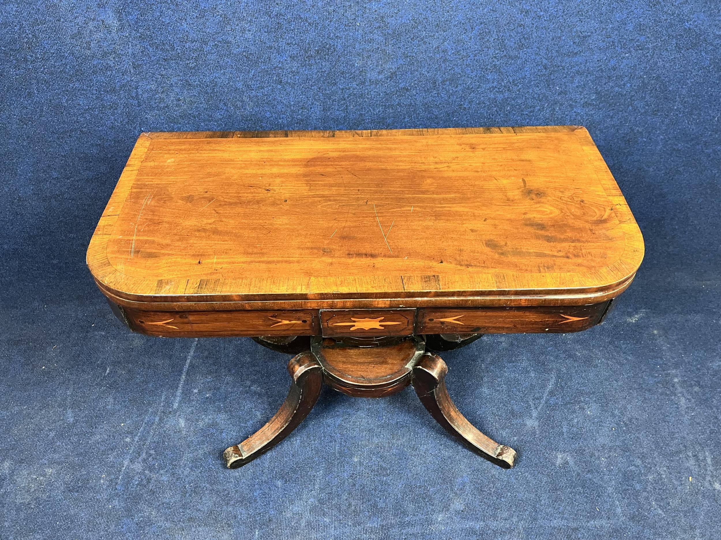 A Regency mahogany and rosewood crossbanded card table. H.66 W.45 open top W.91 - Image 2 of 5