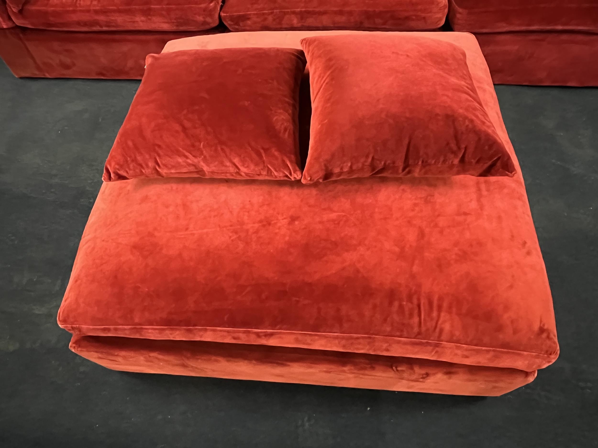 A large modern sofa in red upholstery, with a matching stool. H.60 W.330 in three parts D.120.cm - Image 3 of 5