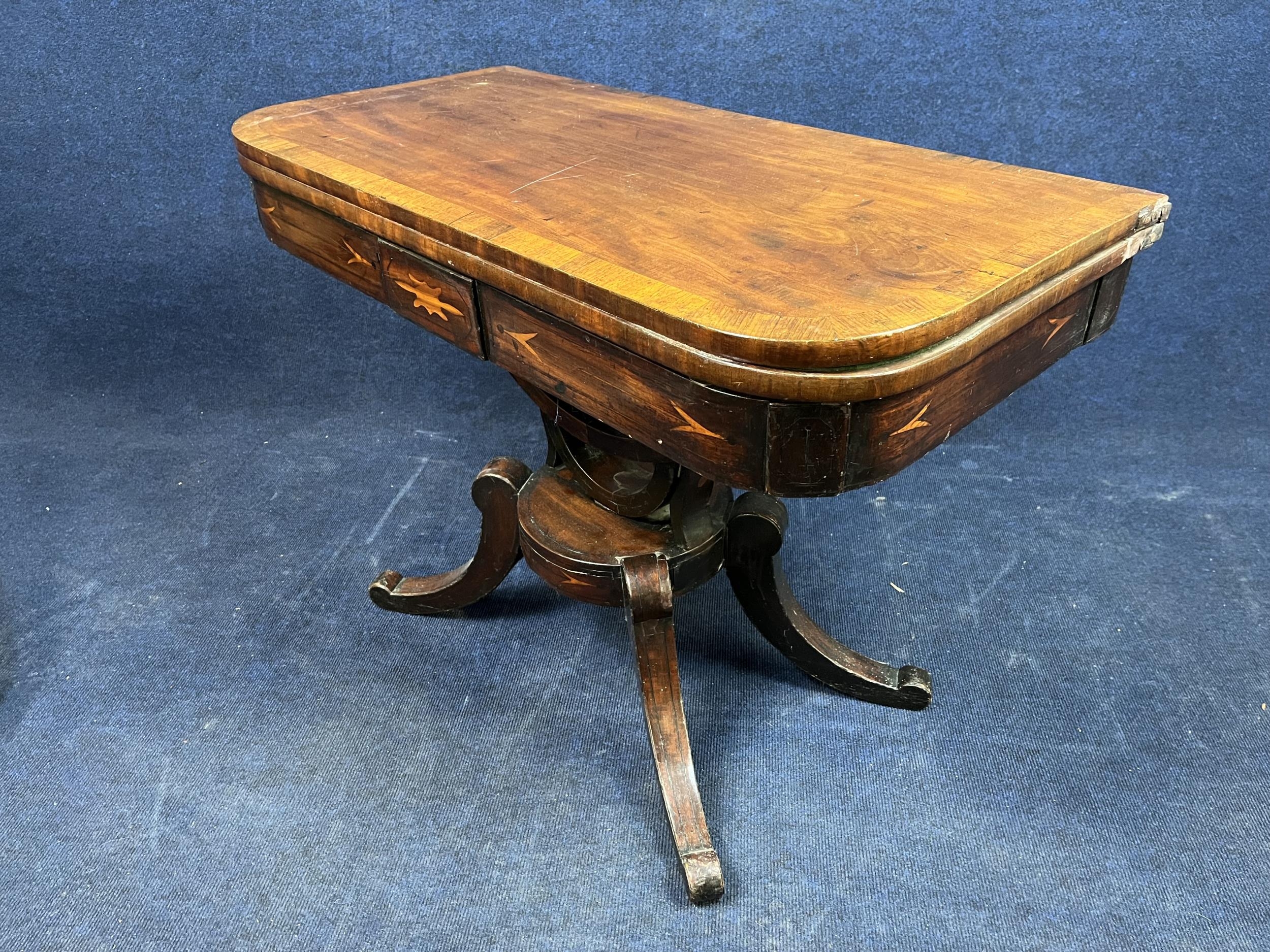 A Regency mahogany and rosewood crossbanded card table. H.66 W.45 open top W.91 - Image 3 of 5