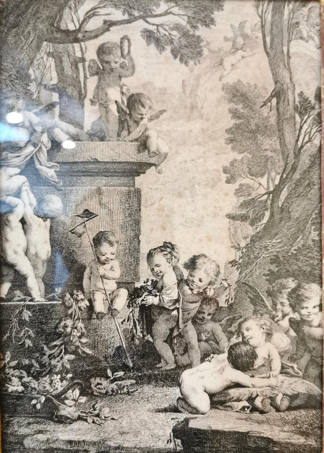 Two 19th century framed and glazed classical engravings of putti. Gallery label verso. H.40 x 29cm - Image 2 of 12