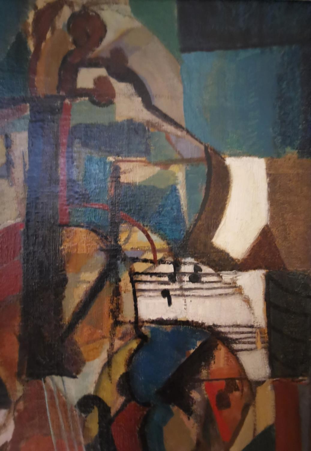 Bertrand Dorny, French (1931 - 2015), oil on board, modernist abstract of a cello and sheet music, - Image 6 of 8