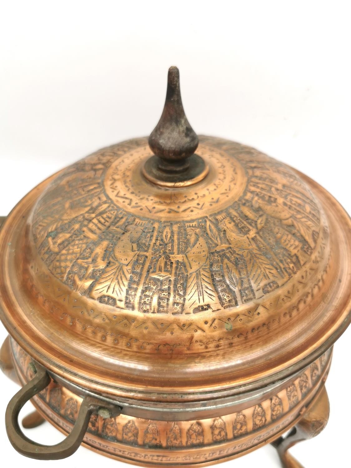 A pair of early 20th century Iranian Nader copper cooking pots with burners with figural design. - Image 3 of 6