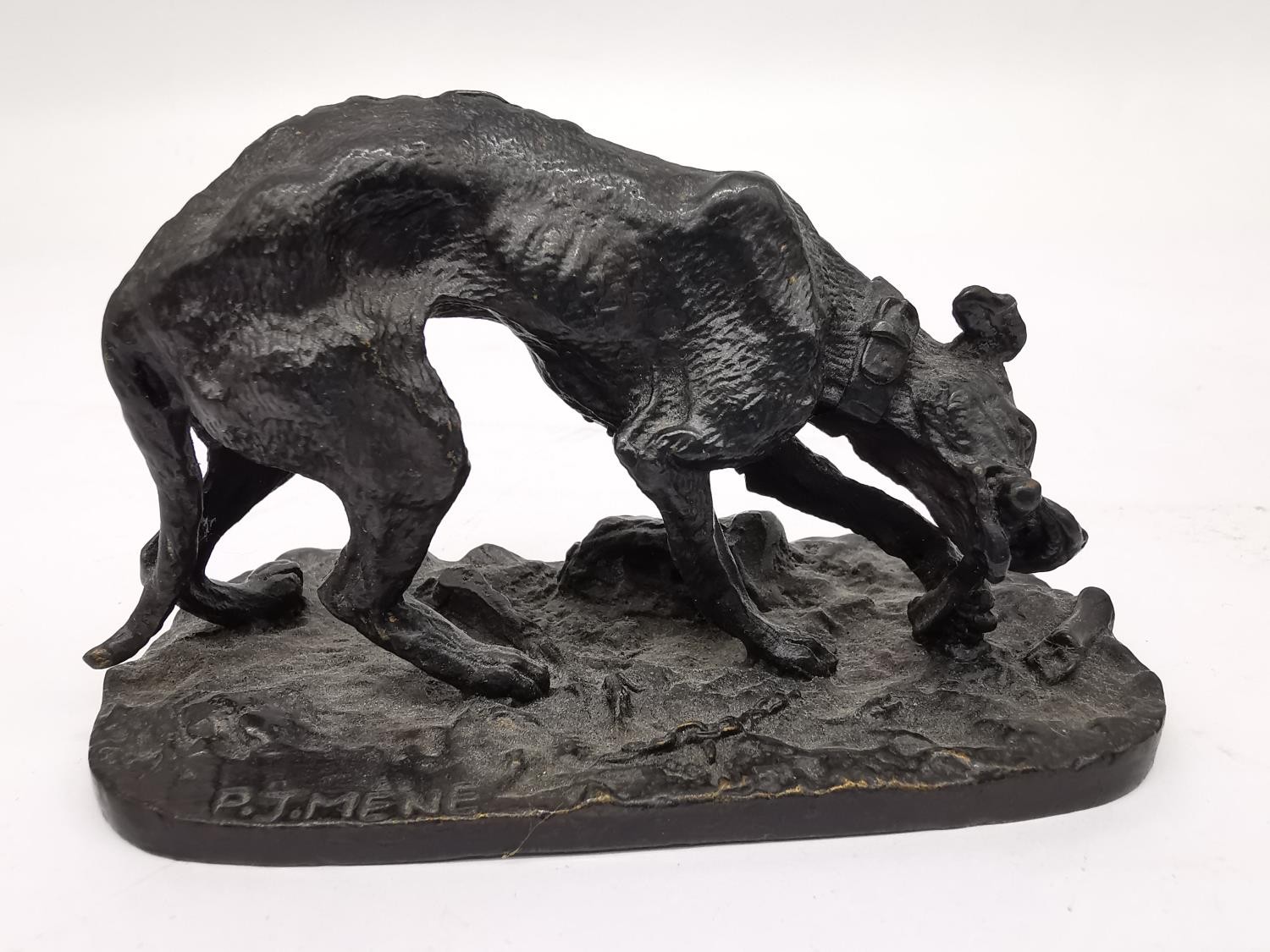 After Pierre-Jules Mene, French, (1810 - 1879), a miniature bronze sculpture of a hunting dog with - Image 6 of 8