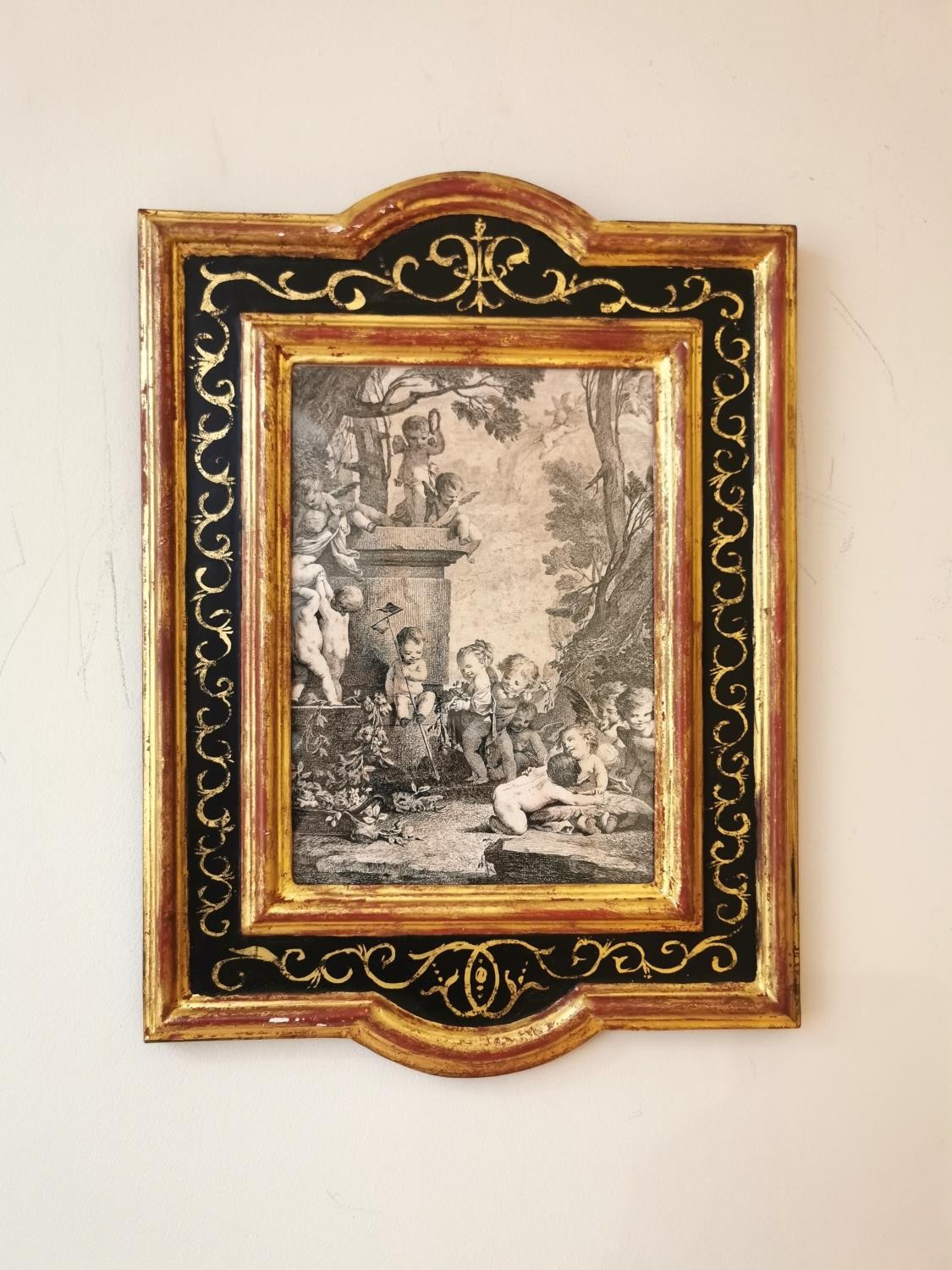 Two 19th century framed and glazed classical engravings of putti. Gallery label verso. H.40 x 29cm - Image 3 of 12