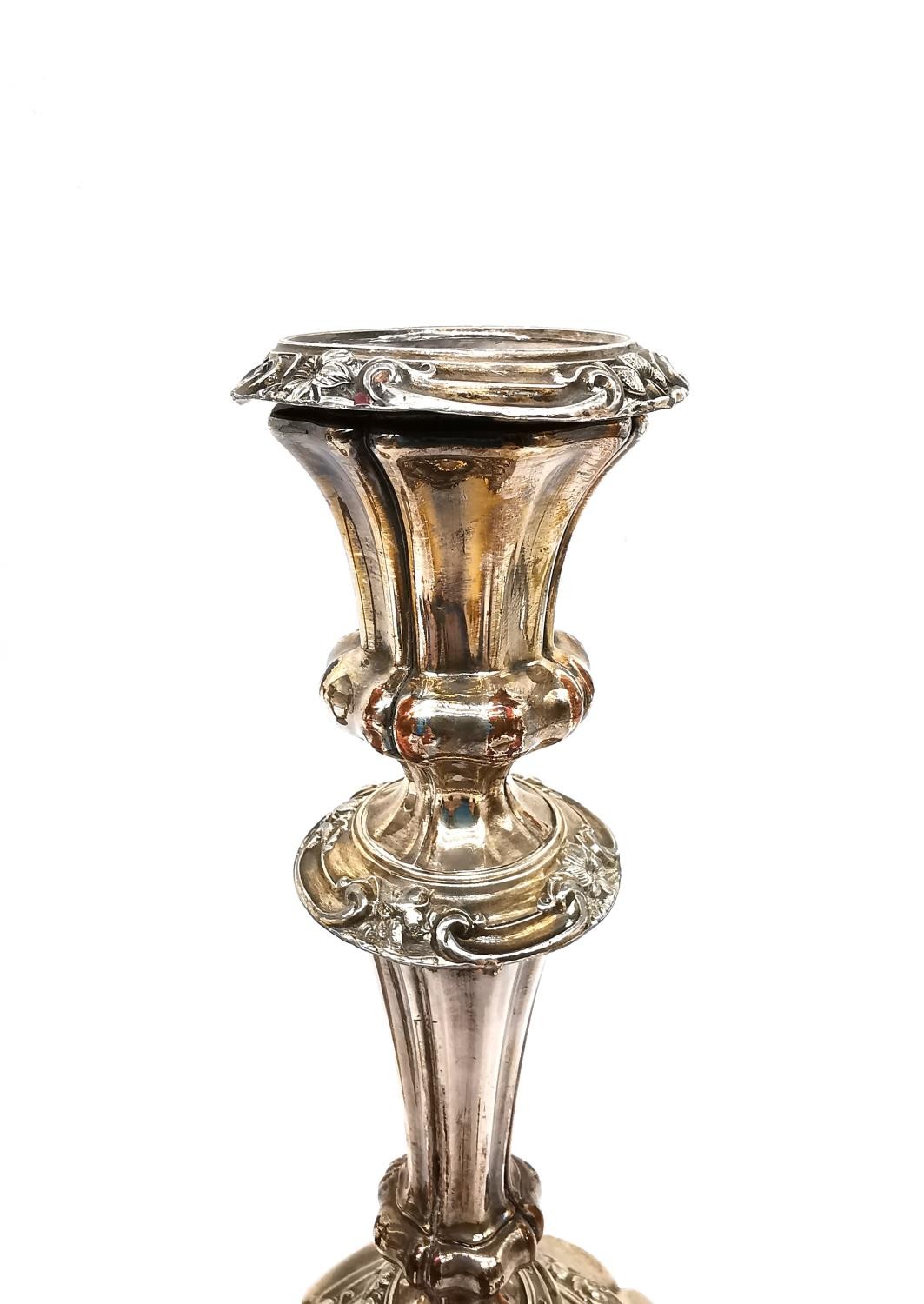 Two pairs of 19th century Sheffield silver plate repousse weighted candlesticks with floral - Image 4 of 5