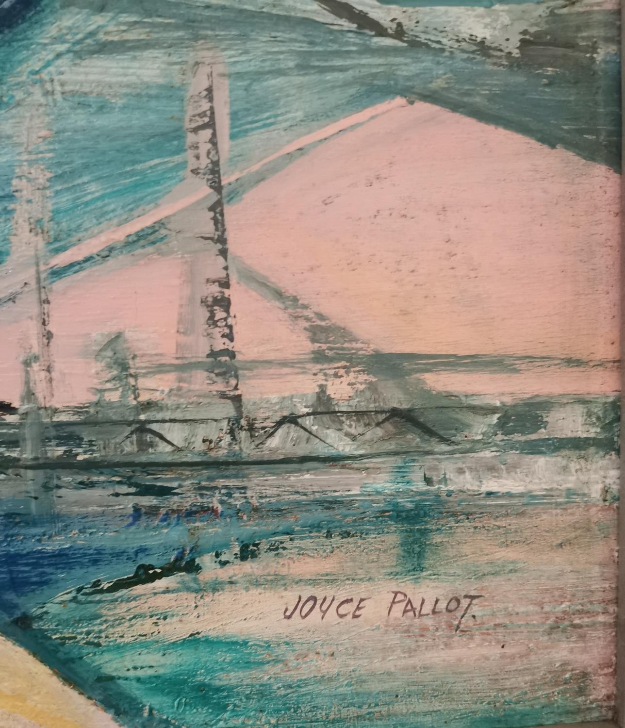 Joyce Pallot, British (1912 - 2004), oil on board, river construction site, signed Joyce Pallot. - Image 3 of 9