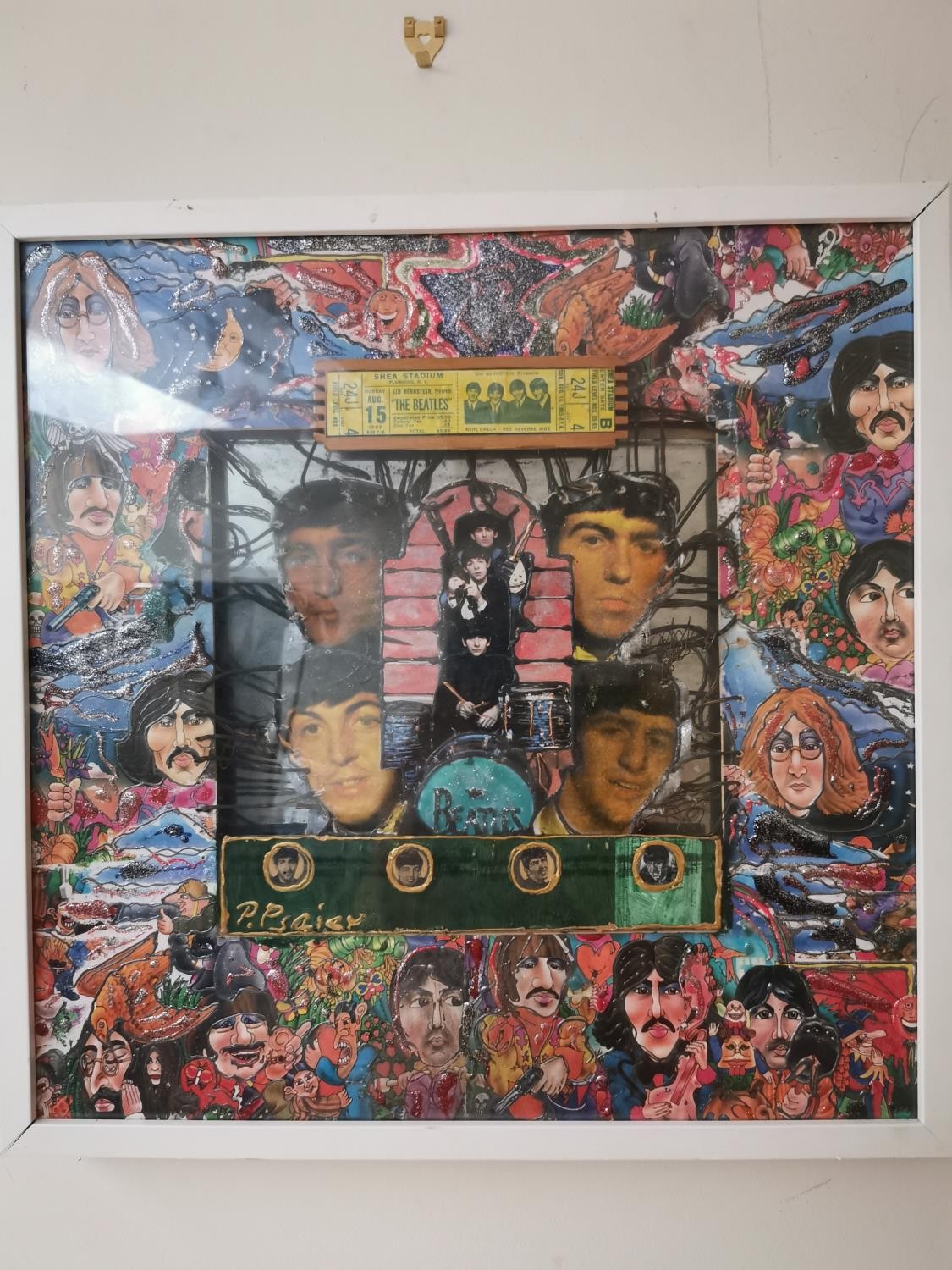 Pietro Psaier, Italian (1936 - 2004), a mixed media collage, The Beatles, signed and label and - Image 2 of 24