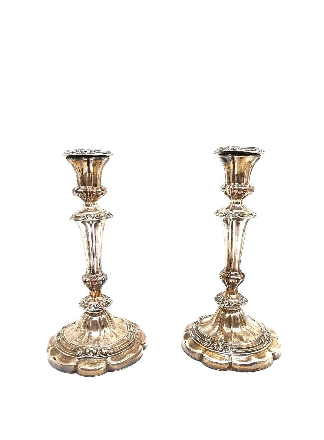 Two pairs of 19th century Sheffield silver plate repousse weighted candlesticks with floral - Image 2 of 5
