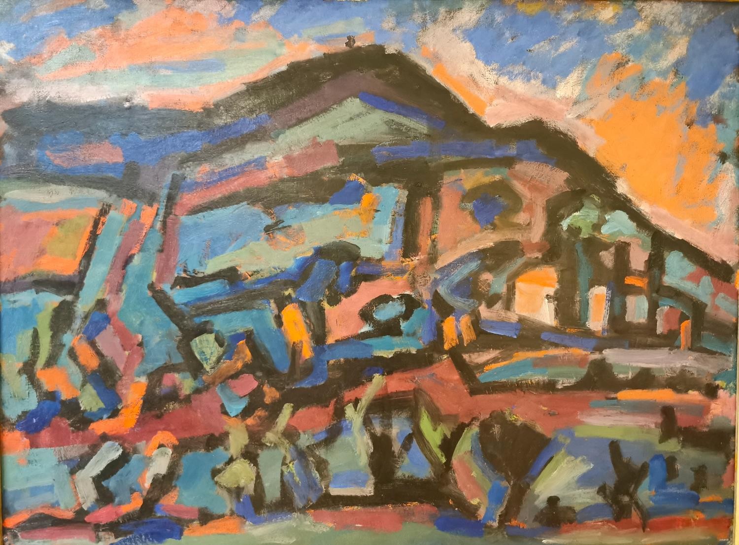 A Mid-century abstract oil on canvas landscape, unsigned. Framed. L.113 H.87cm