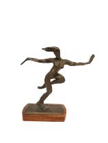 A bronze figure of a dancer on one leg with arms out, wonderful movement, unsigned. Mounted on a