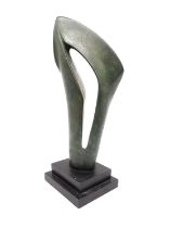An abstract bronze effect resin sculpture on stepped base. H.41 W.16 D.14cm.