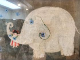 A reverse painting on glass, signed Tamara. Depicting a white elephant with a child swinging on