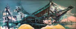 Joyce Pallot, British (1912 - 2004), oil on board, river construction site, signed Joyce Pallot.