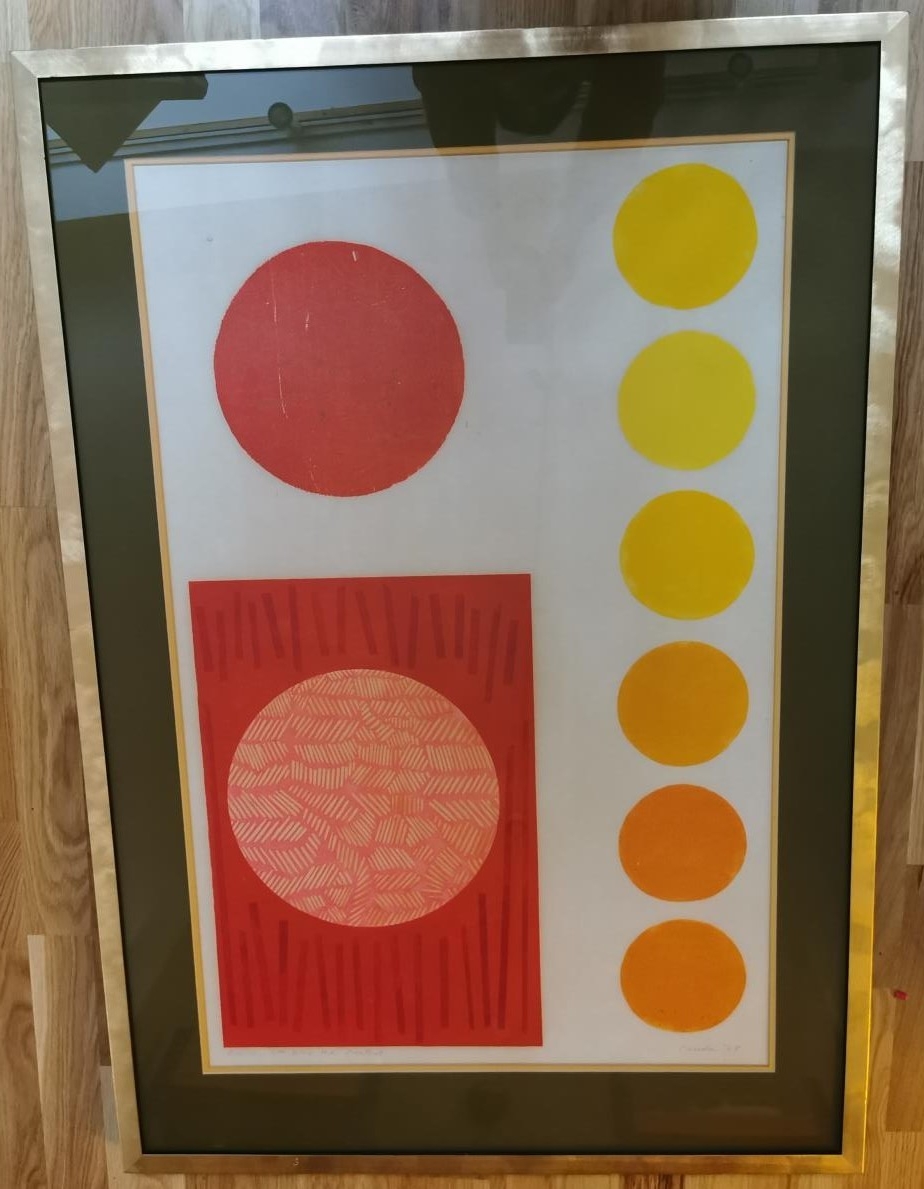 Kati Casida, Norwegian, Coloured Lithograph, 'On The 7th Day He Rested' orange and yellow circles - Image 2 of 8
