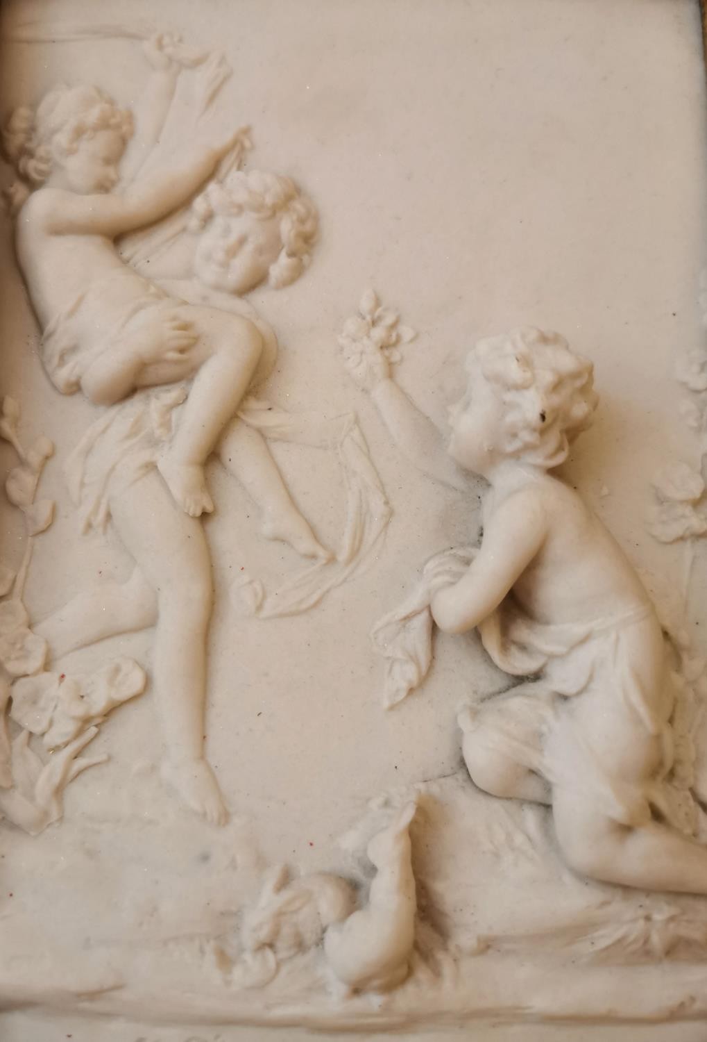 A moulded gold framed composite marble relief plaque of putti by 'P J Seymour', with bronze medal - Image 5 of 9