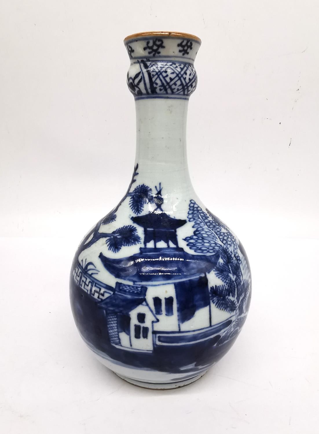 Two 18th century Chinese blue and white bottle vases with pagoda and mountain landscape design. H. - Image 6 of 11