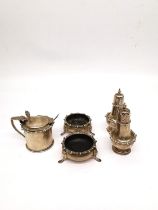 An Art Deco five piece silver cruet set by James Dixon and Sons, a blue glass lined mustard pot with