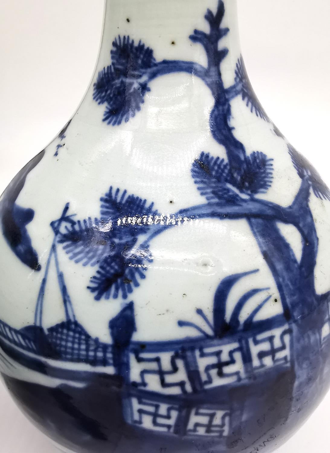 Two 18th century Chinese blue and white bottle vases with pagoda and mountain landscape design. H. - Image 11 of 11