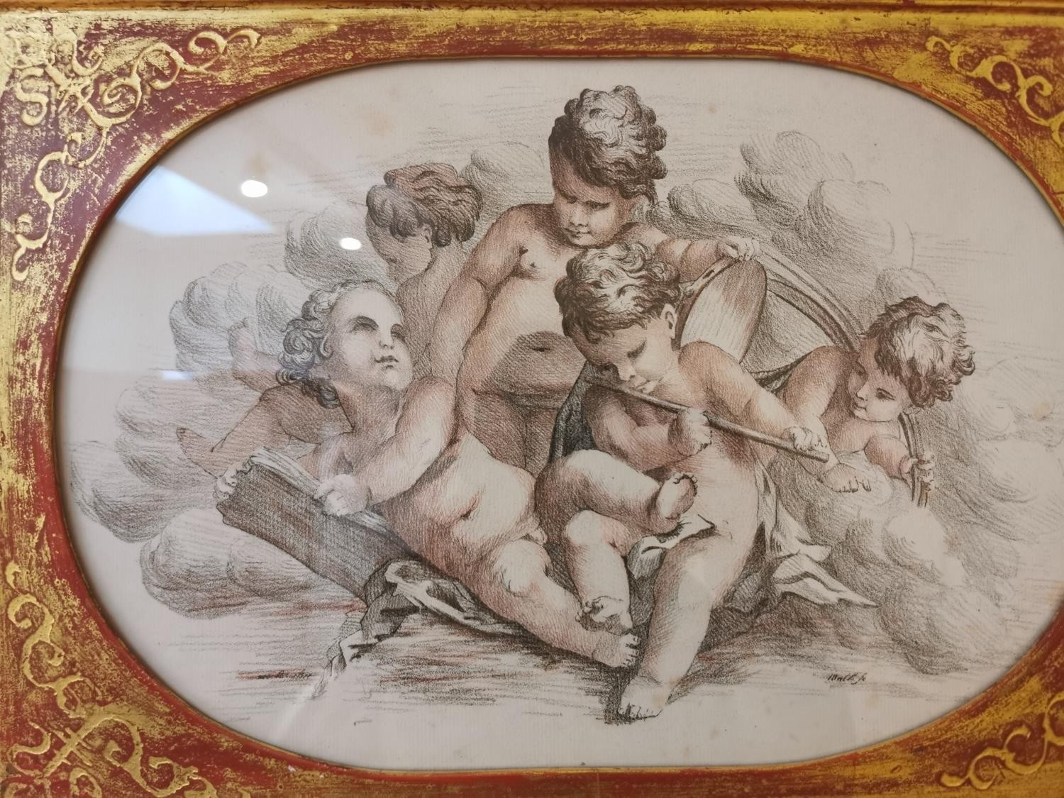 Three gilt framed and glazed 19th century engravings of putti, one sanguine. Gallery label verso. - Image 3 of 20