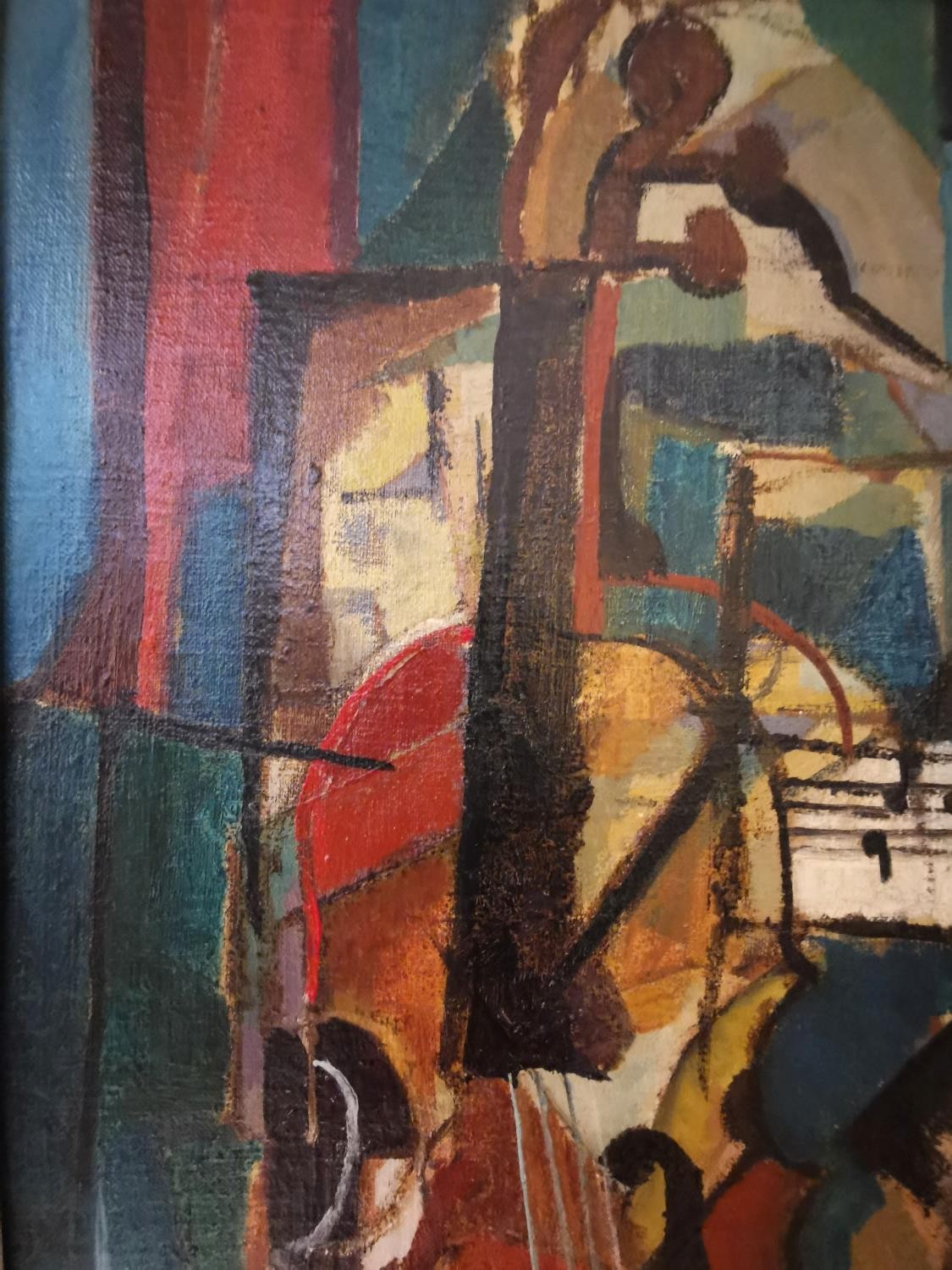 Bertrand Dorny, French (1931 - 2015), oil on board, modernist abstract of a cello and sheet music, - Image 7 of 8