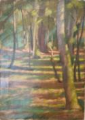 John Powell (British, 20th century), oil on canvas of sunlight in a woodland, signed John Powell