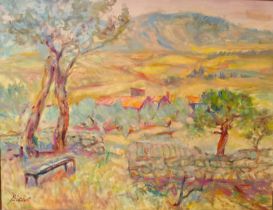 André Bicât, French (1909 - 1996) Oil on canvas of summer countryside landscape with wooden bench