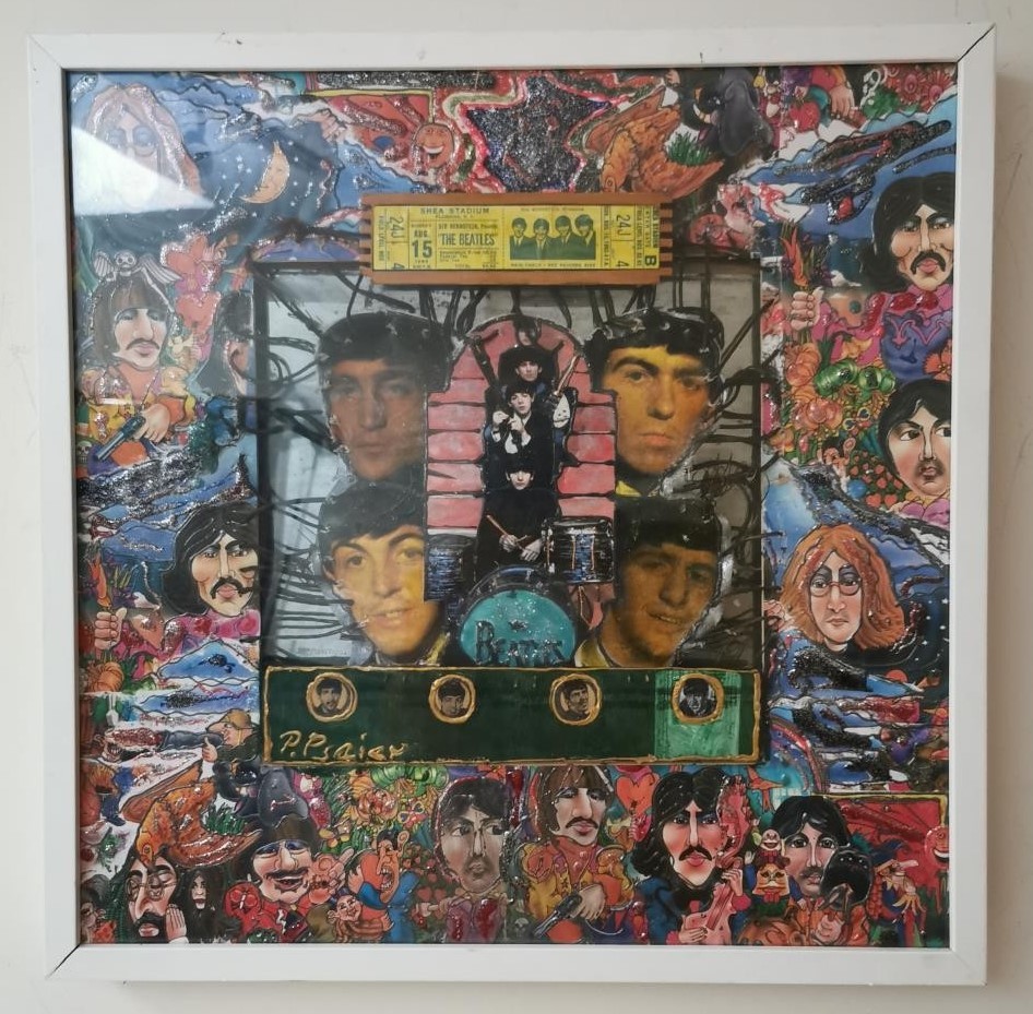 Pietro Psaier, Italian (1936 - 2004), a mixed media collage, The Beatles, signed and label and