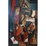 Bertrand Dorny, French (1931 - 2015), oil on board, modernist abstract of a cello and sheet music,