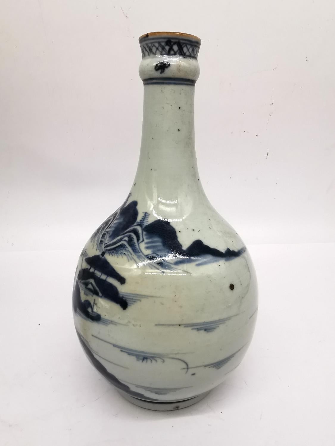 Two 18th century Chinese blue and white bottle vases with pagoda and mountain landscape design. H. - Image 3 of 11